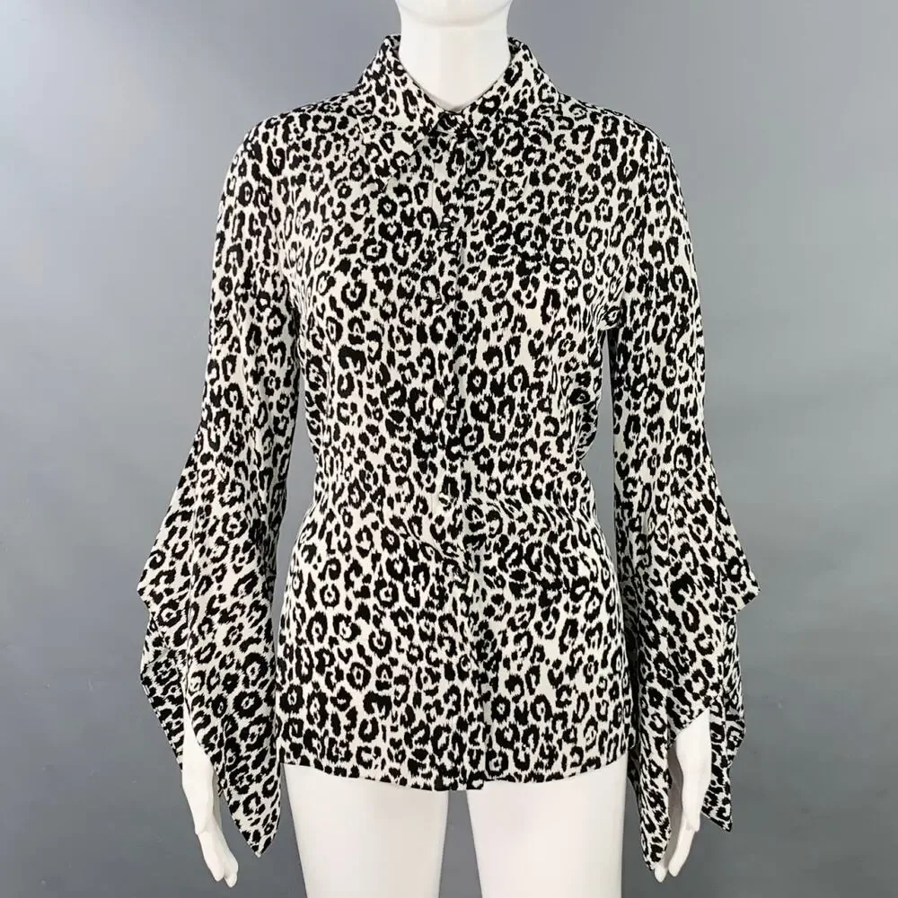 MICHAEL KORS COLLECTION Black White Silk Animal Print Butterfly Sleeve Blouse